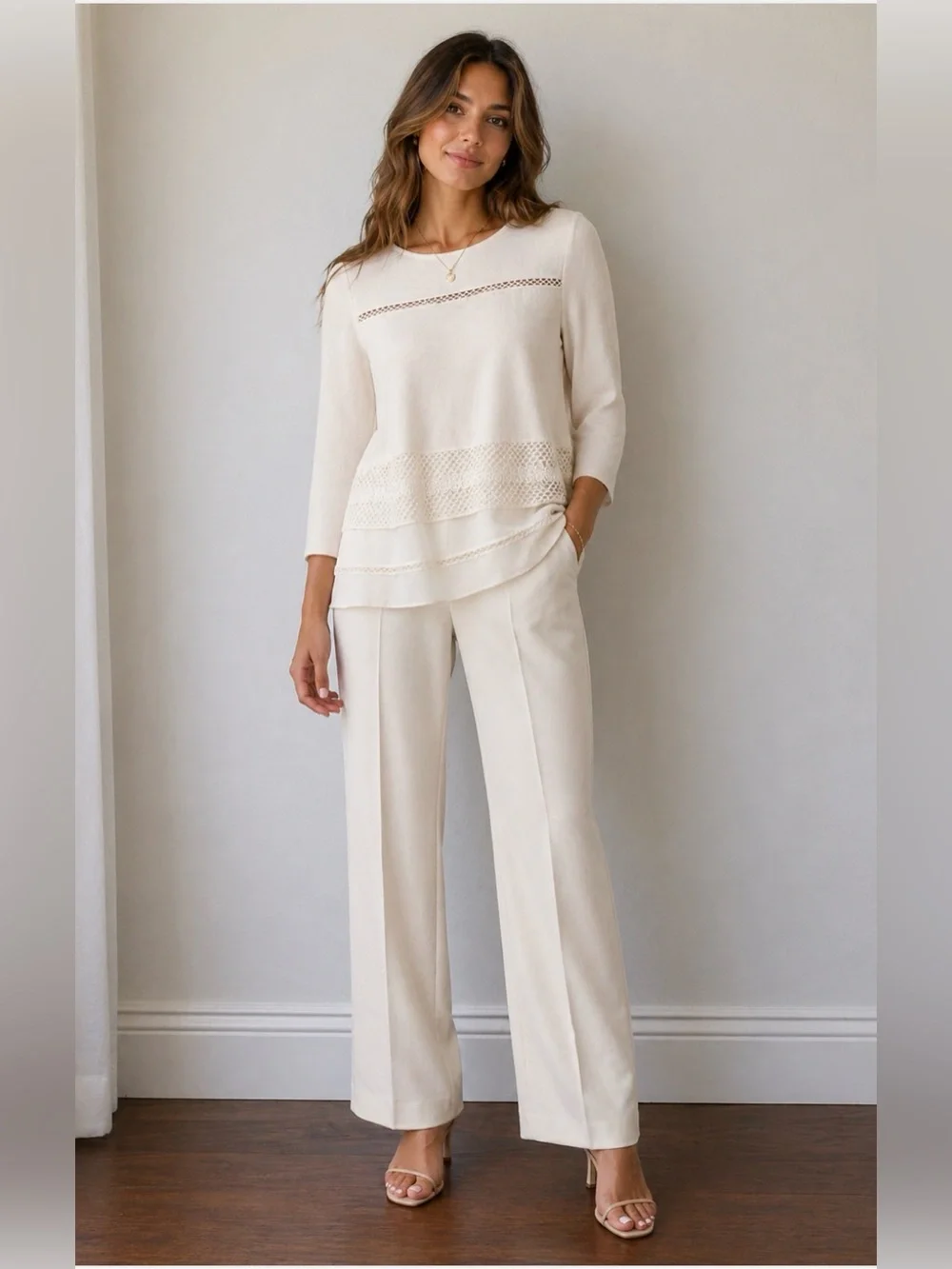 LOFT Cream Knit Top with Lace Insets